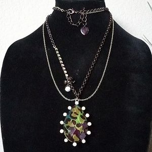 Vintage BETSEY JOHNSON Asian Jungle Huge Leopard Camouflage Pendant Necklace.